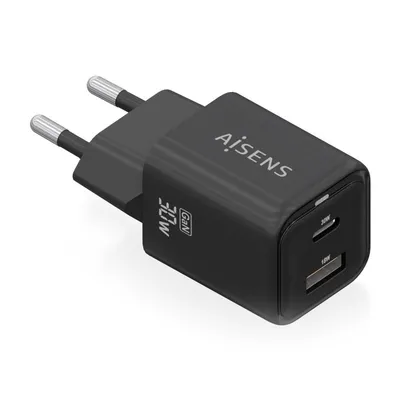 Aisens ASCH-30W2P021-BK GaN-Ladegerät 30W 1xUSB-C PD3.0 QC4.0 1xUSB-A QC3.0 Schwarz