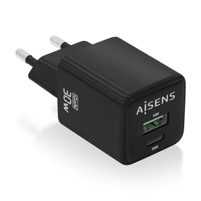 Aisens ASCH-30W2P038-BK GaN-Ladegerät 30W 1xUSB-C PD3.0 QC4.0 1xUSB-A QC3.0 Schwarz