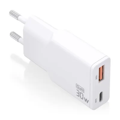 Aisens ASCH-30W2P046-W Ultraflaches GaN-Ladegerät, 30 W, USB-C, PD3.0, QC4.0, 1 x USB-A, QC3.0, Weiß