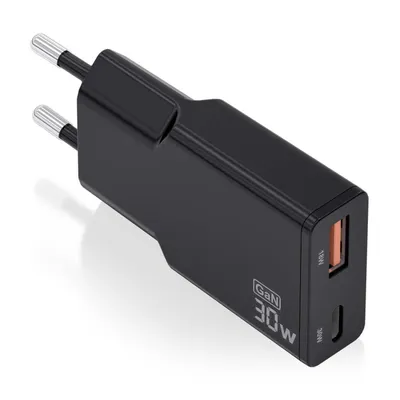 Aisens ASCH-30W2P047-BK Ultraflaches 30-W-GaN-Ladegerät, USB-C PD3.0 QC4.0, 1xUSB-A QC3.0, Schwarz