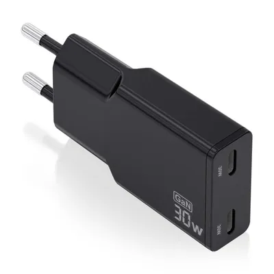 Aisens ASCH-30W2P049-BK Ultraflaches GaN-Ladegerät 30W 2xUSB-C PD3.0 QC4.0 Schwarz