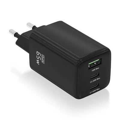 Aisens ASCH-65W3P042-BK 65W GaN Ladegerät 2xUSB-C PD3.0 QC4.0 1xUSB-A QC3.0 Schwarz