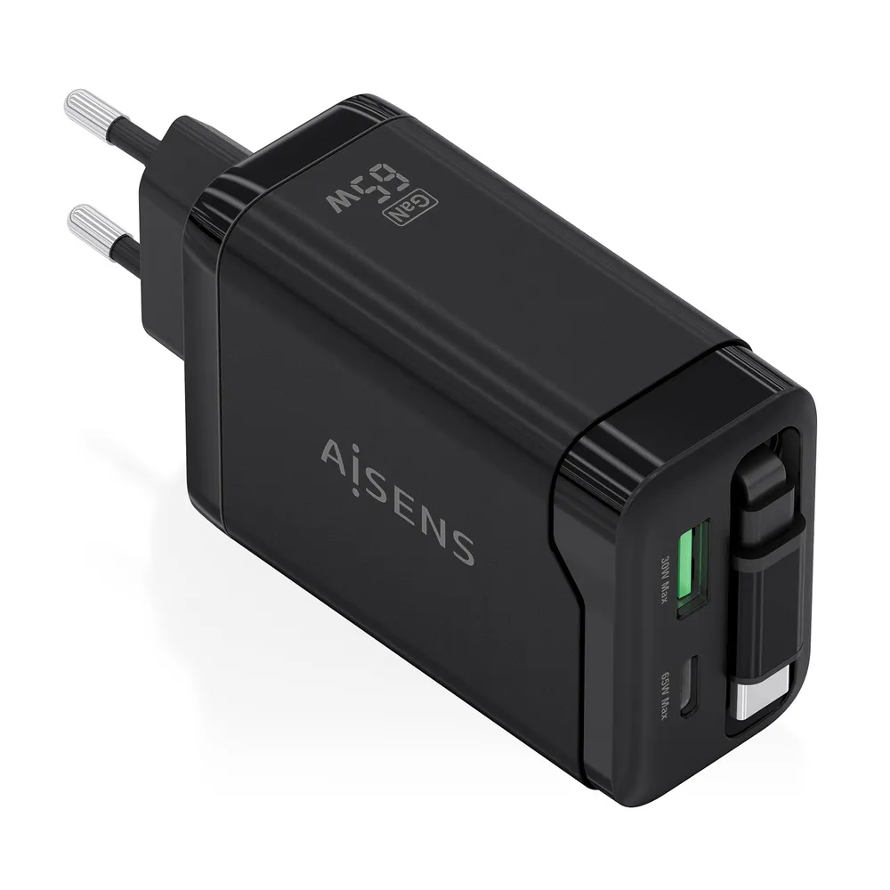 Cargador Aisens ASCH-65W3P071-BK GaN 65W 2xUSB-C 1xUSB-A Kabel Retrakt Schwarz