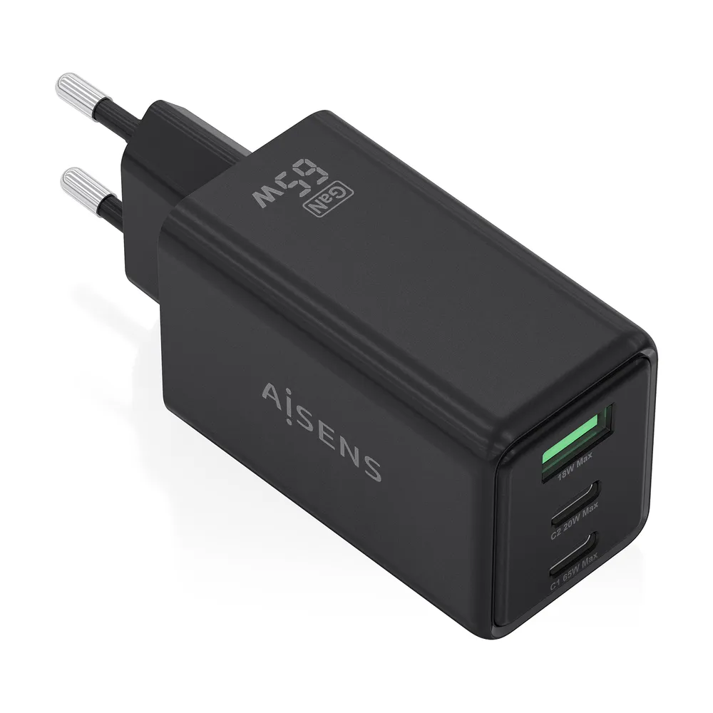 Cargador Aisens ASCH-65W3P073-BK GaN 65W 2xUSB-C PD3.0 QC4.0 1xUSB-A QC3.0 Schwarz