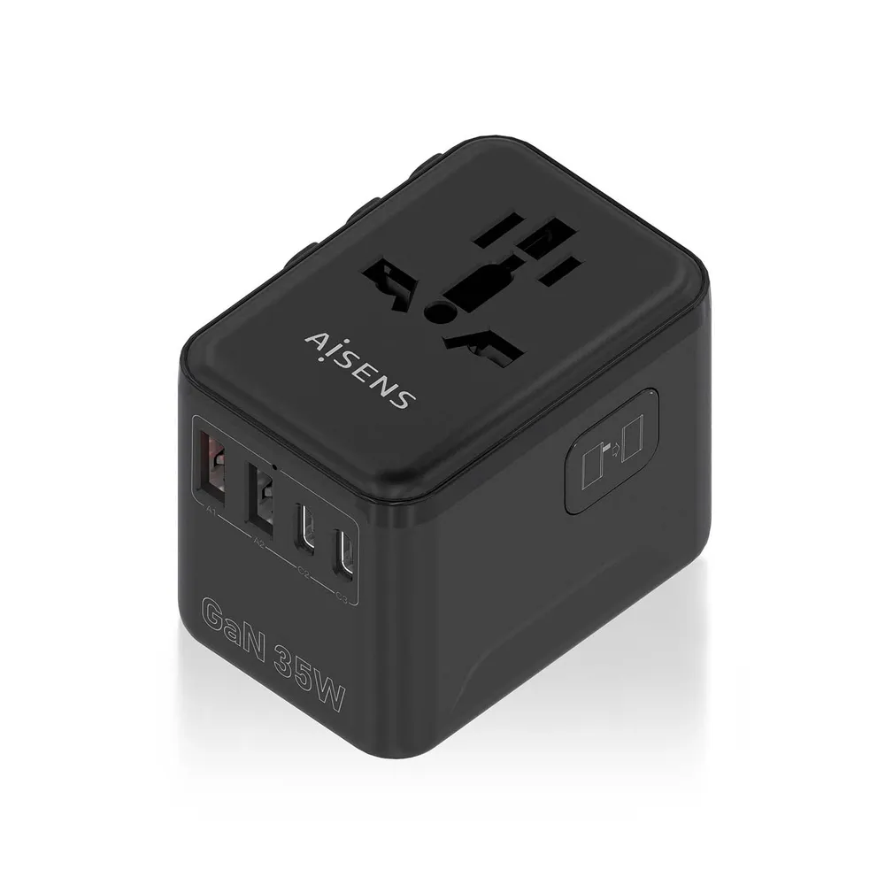 AISENS GaN 35W Universal-Reiseadapter 2xUSB-A QC3.0 3xUSB-C PD3.0 Schwarz