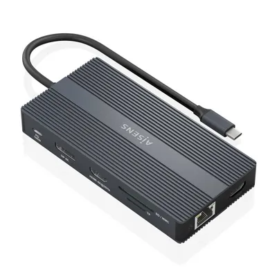 USB-C Dock AISENS Dock 12 in 1 HDMI DisplayPort RJ45 USB-A/C PD 100W SD/MicroSD-Lesegerät Grau 20cm