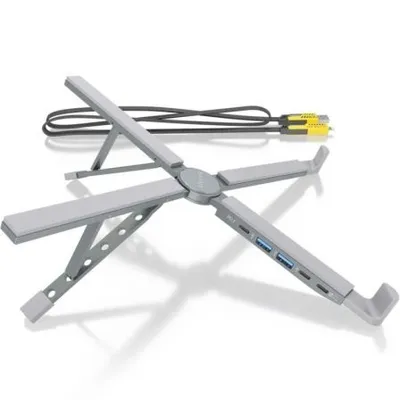 AISENS Verstellbarer Laptopständer mit 4-in-1 USB-C-Dockingstation, Aluminium, faltbar, Grau