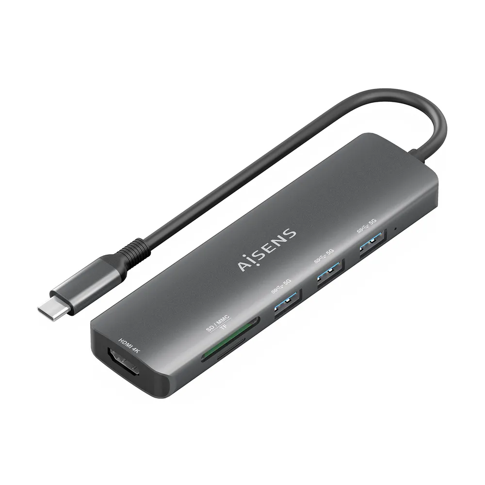 USB-C Dock AISENS ASUC-6P024-GR 6-in-1 HDMI USB-A SD MicroSD Grau 15cm