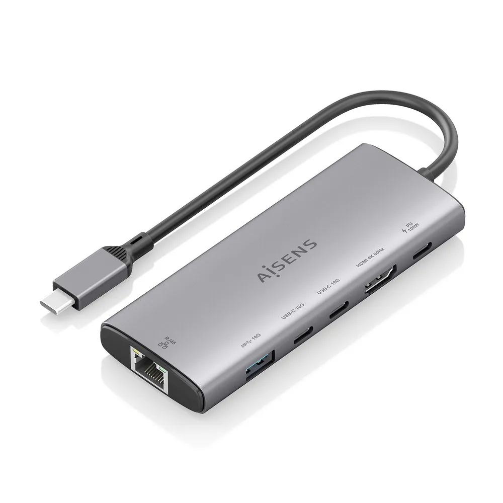 Laptop-Dockingstation Aisens ASUC-6P030-GR USB-C 6-in-1 HDMI 4K RJ45 USB-A USB-C PD Aluminium Grau
