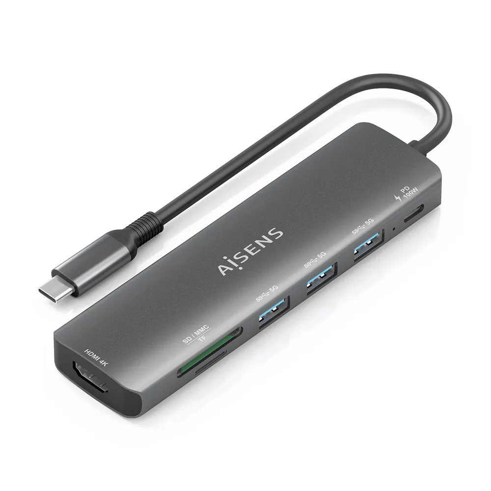 USB-C Dock AISENS ASUC-7P025-GR USB-C HDMI 4K 3xUSB-A PD 100W SD MicroSD USB-C Dock