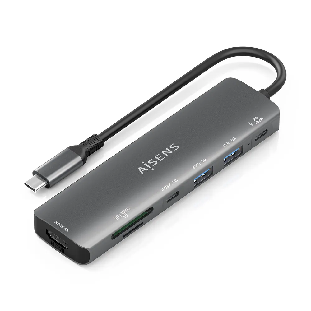 USB-C Dockingstation AISENS ASUC-7P026-GR 7in1 HDMI USB-A USB-C 100W USB-PD USB3.2