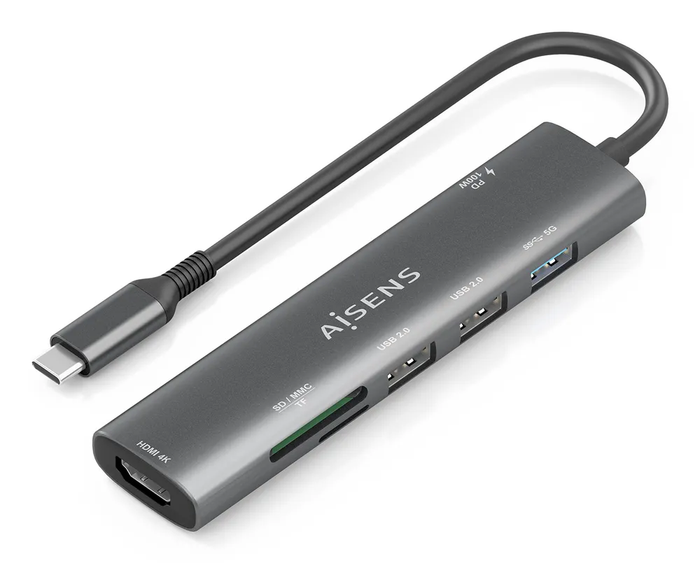 USB-C Dock AISENS ASUC-7P025-GR 7in1 HDMI USB3.0 USB2.0 PD 100W SD MicroSD USB-C Dockingstation