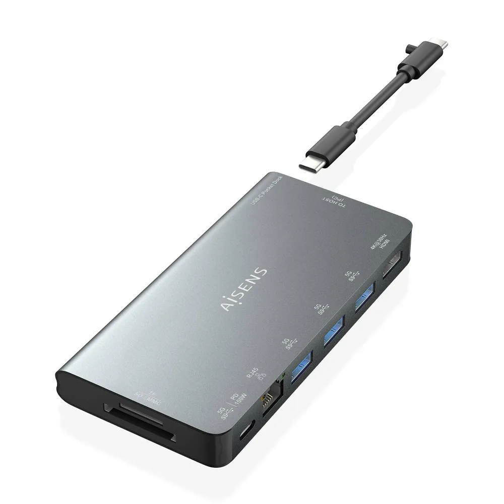 Dock USB-C Aisens Dock 8 in 1 Grau 4K HDMI RJ45 3xUSB-A SD MicroSD PD 100W 10cm