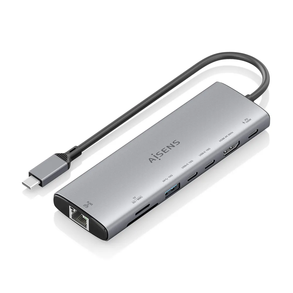 Dockingstation Aisens ASUC-8P033-GR USB-C HDMI LAN SD 8-in-1 Aluminium Grau