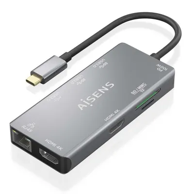 AISENS DUA9-0104 9-in-1 USB-C Dock 2xHDMI 1xRJ45 2xUSB3.0 100W SD MicroSD Grau 15cm