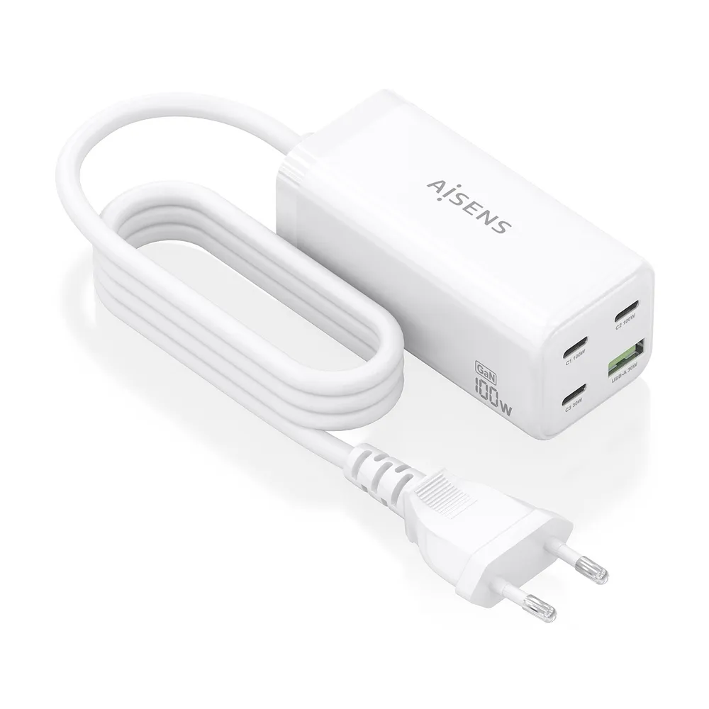 Cargador GaN AISENS ASCH-100W4P053-W USB-C 3x PD3.0 QC5.0 USB-A 100W Weiß