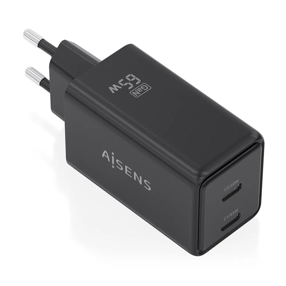 Ladegerät Aisens ASCH-65W2P079-BK GaN 65W 2xUSB-C PD3.0 QC4.0 Schwarz