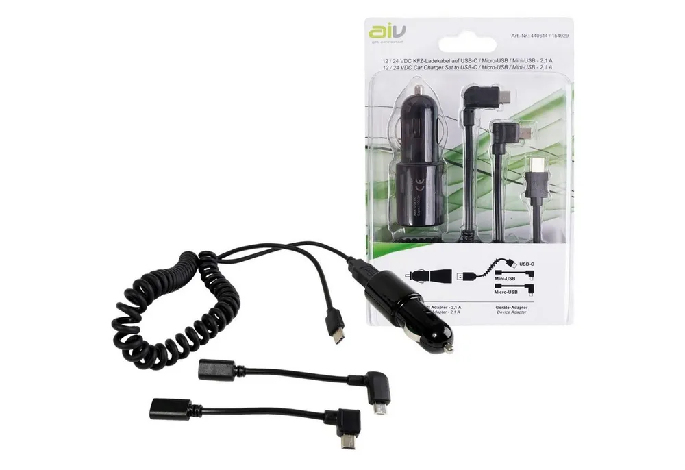 AIV KFZ 12V 24V USB-C Ladekabel Spiral-Kabel Smartphone-Ladegerät (Inkl. Lade-Adapter USB Typ C + Micro-USB + Mini-USB, für PKW Auto etc)