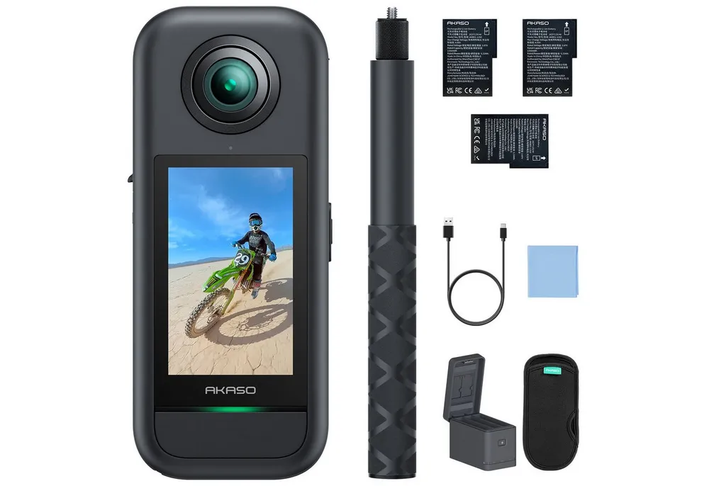 Akaso 360 Action Cam (5.7K,4K, Bluetooth, WLAN, 2,29" Touchscreen, 360° Horizon Lock, KI-Tracking, Invisible Stick)
