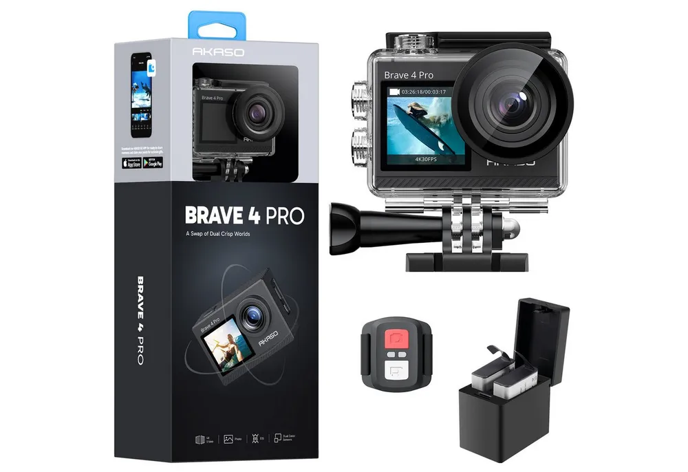 Akaso Brave 4 Pro Action Cam (4K Ultra HD, WLAN 2.4 GHz, Wasserdicht, EIS, Fernbedienung, Duale Farbbildschirme)
