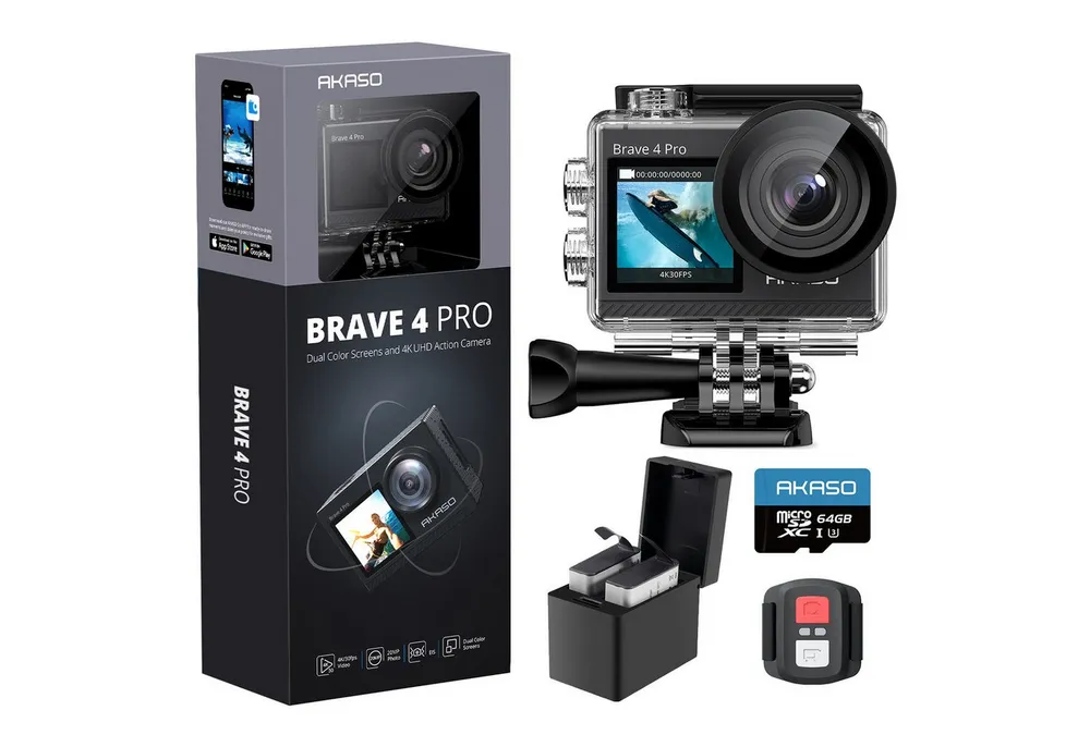 Akaso Brave 4 Pro Action Cam (4K Ultra HD, WLAN 2.4 GHz, Wasserdicht, EIS, Fernbedienung, Duale Farbbildschirme)