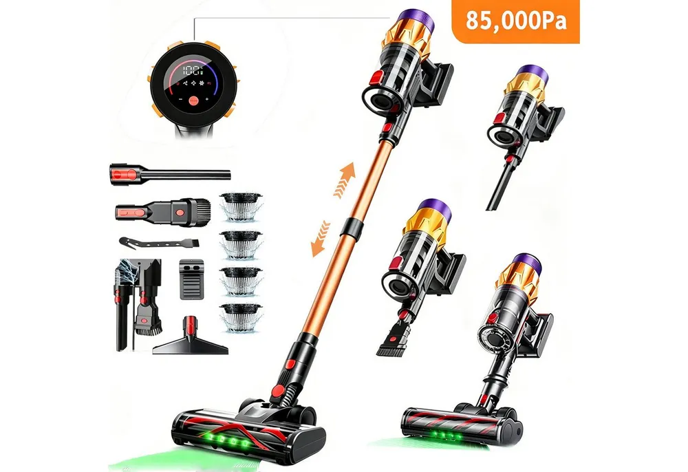 AKKEE Akku-Hand-und Stielstaubsauger Akkustaubsauger, 3 Saugstufen, 85000Pa/50 Min, 550 W, Kabellos, Integrierter BMS-Batterieschutzchip, Zyklon-Filtersystem