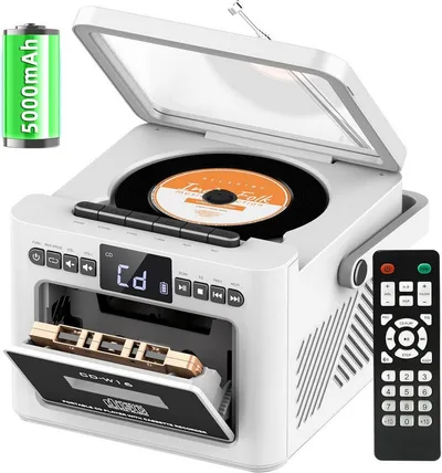 AKKEE mit Bluetooth-Lautsprecher, FM-Radio und Kassettenspieler Stereo-CD Player (USB-/AUX-/SD-Karten-Anschluss, USB-Aufladung)