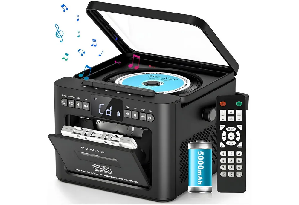 AKKEE mit Bluetooth-Lautsprecher, FM-Radio und Kassettenspieler Stereo-CD Player (USB-/AUX-/SD-Karten-Anschluss, USB-Aufladung)
