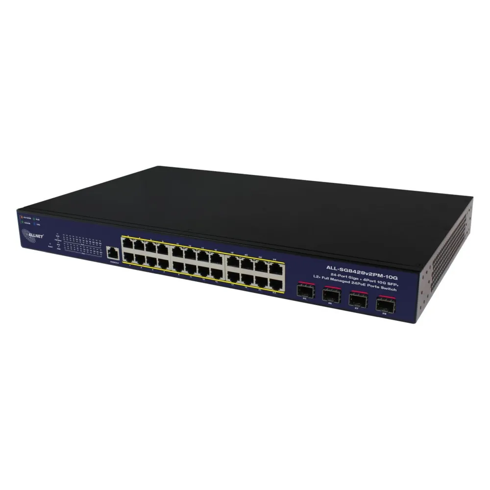 Allnet Switch smart managed Layer2 28 Port • 24x 1 GbE • PoE Budget 400W • 4x SFP+ • 19" • Lüfterlo