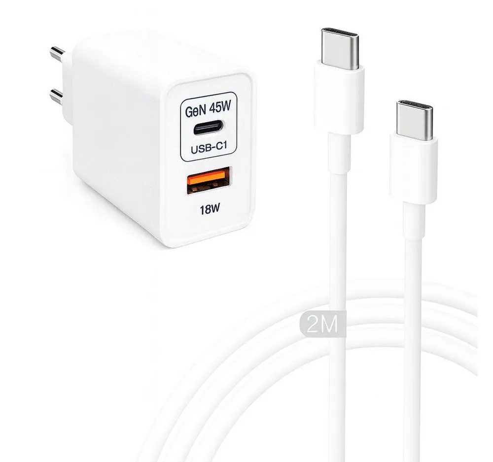Alpha Electronics 45w Ladegerät USB C Charger Smartphone-Ladegerät (3000 mA, Spar-Set, 2-tlg., Universelle Kompatibilität, Handy Tablet + 60W USB-C Ladekabel 1m 2m, Huawei, Samsung, Apple, Xiaomi, Google Schnellladegerät)