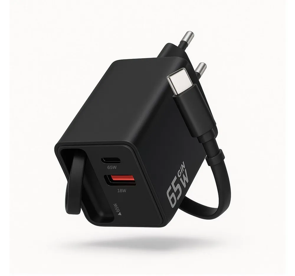 Alpha Electronics 65W GaN 3-Port USB C Ladegerät mit Einziehbarem Schnellladekabel Universal-Ladegerät (3250 mA, Spar-Set, 1-tlg., Kompaktes Reise-Netzteil für Smartphone, Tablet & Laptop Schwarz Weiß, 3-in-1 Schnellladegerät, PD Fast Charger mit USB-C & USB-A Ports)