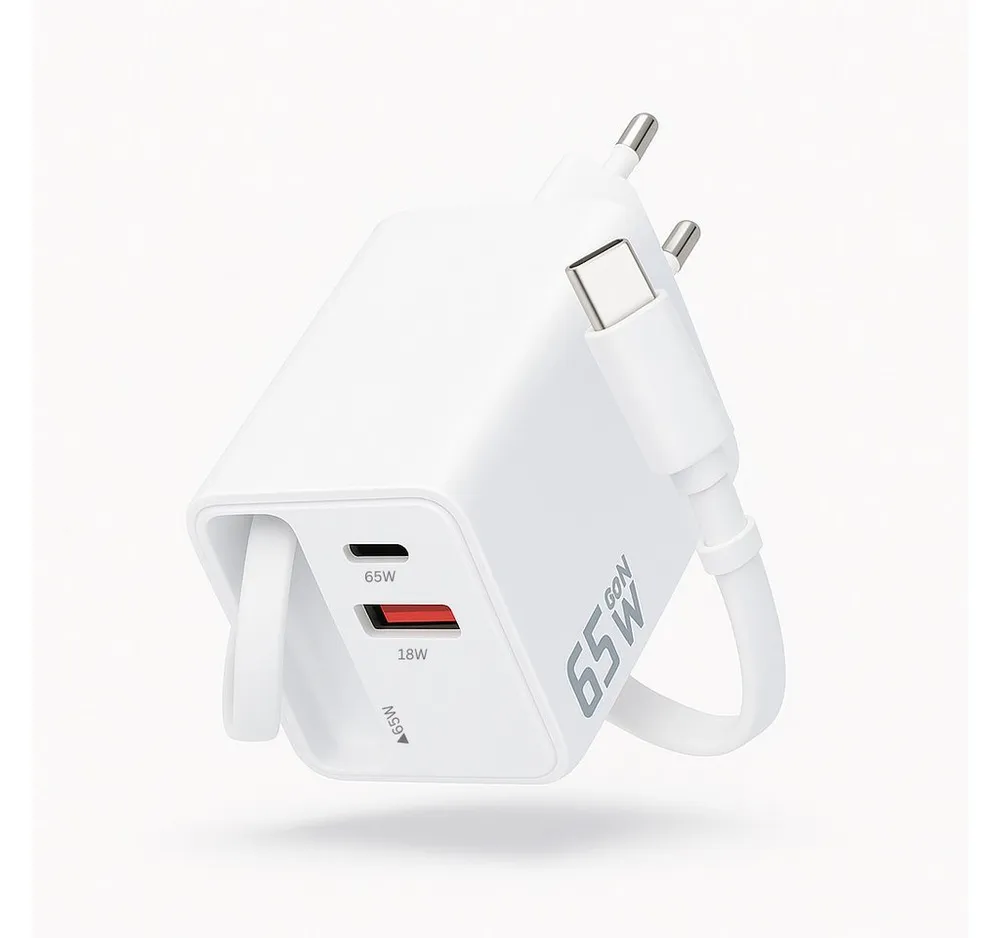 Alpha Electronics 65W GaN 3-Port USB C Ladegerät mit Einziehbarem Schnellladekabel Universal-Ladegerät (3250 mA, Spar-Set, 1-tlg., Kompaktes Reise-Netzteil für Smartphone, Tablet & Laptop Schwarz Weiß, 3-in-1 Schnellladegerät, PD Fast Charger mit USB-C & USB-A Ports)