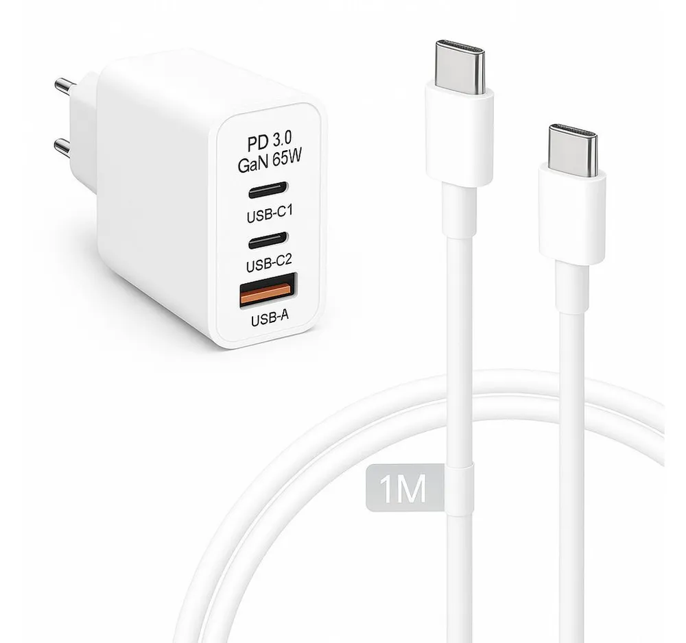 Alpha Electronics 65W USB-C Schnellladegerät für Samsung S25 S24 S23 iPhone 16 15 Huawei Smartphone-Ladegerät (3250 mA, Sonderangebot, 2-tlg., inklusive 1 Meter oder 2 Meter 65W USB-C Schnellladekabel, Universalkompatibilität Ladegerät Netzteil Adapter)