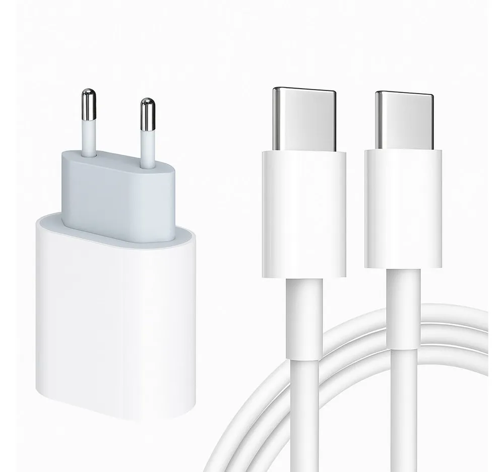 Alpha Electronics Schnellladegerät USB C passt für iPhone 15 / Pro / Max / Plus Smartphone-Ladegerät (3000 mA, Sparangebot, 2-tlg., 1 x Adapter 20 Watt +1x Ladekabel USB-C auf USB-C 1 Meter oder 2 Meter, 60w Ladekabel)