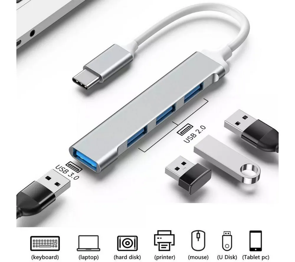 Alpha Electronics USB Verteiler USB-Adapter USB-C zu USB 3.0 Typ A, Standard-USB, 8 cm, 4in1 Splitter, für Laptop und andere Typ- C- Geräte