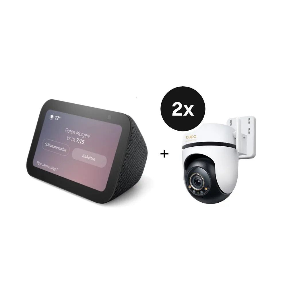 Amazon Echo Show 5 - Neueste Generation + TP-Link Tapo C530WS - Schwenk-Neige-Außenkamera - 2er-Set