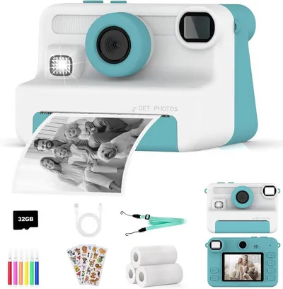 AMZSA Kinderkamera Sofortdruck 1080P HD mit 32GB Karte Sofortbildkamera Sofortbildkamera (inkl. Kinderkamera Set mit Druckpapier Stiften Stickern und 32GB Karte, Sofortdruck 1080P Video 32GB Karte Spiele kompakte Bauweise)