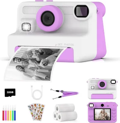 AMZSA Kinderkamera Sofortdruck 1080P HD mit 32GB Karte Sofortbildkamera Sofortbildkamera (inkl. Kinderkamera Set mit Druckpapier Stiften Stickern und 32GB Karte, Sofortdruck 1080P Video 32GB Karte Spiele kompakte Bauweise)