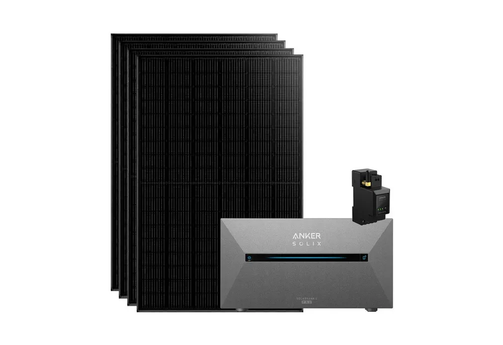 Anker Balkonkraftwerk Solix 1820W Photovoltaikanlage Komplettset mit Solarbank E1600 2 Pro, 1820 W, N typ Glas-Glas, Vollschwarz, (Set, 4-St., 4 Solarmodule+1 Anker Solix 2 Pro+0/1 Smarte Meter +0/1/2 BP1600), integriertem Wechselrichter, Wifi, Bluetooth, IP67