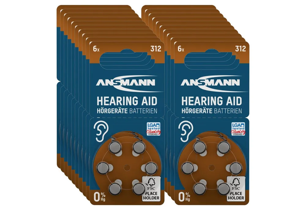 ANSMANN AG Hörgerätebatterien Typ 312 braun Zink Luft 1,4V, 60 Stück Knopfzelle
