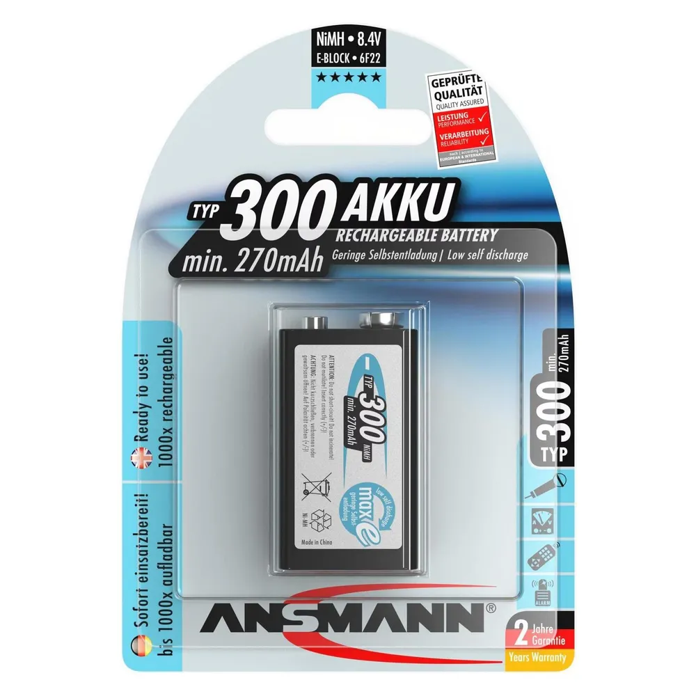 NiMH Akku 9V E-Block Typ 300 (min. 270 mAh) maxE 1er Blister Akku