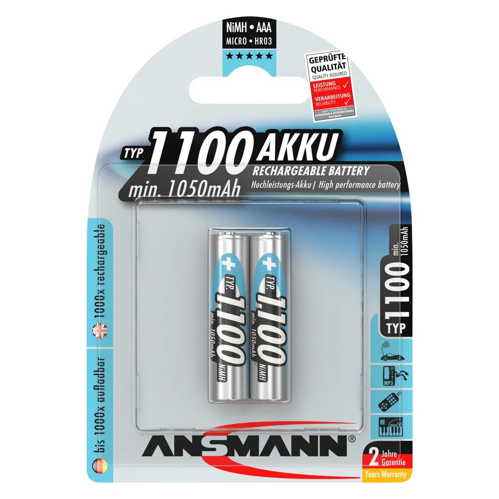 NiMH Akku Micro AAA Typ 1100 (min. 1050 mAh) 2er Blister Akku
