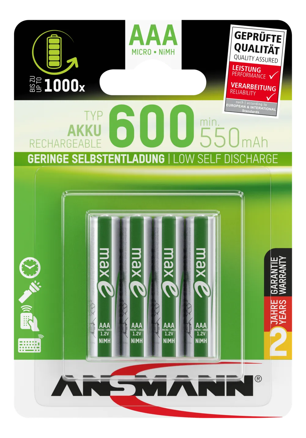 NiMH Akku Micro AAA Typ 600 (min. 550 mAh) maxE 4er Blister Akku