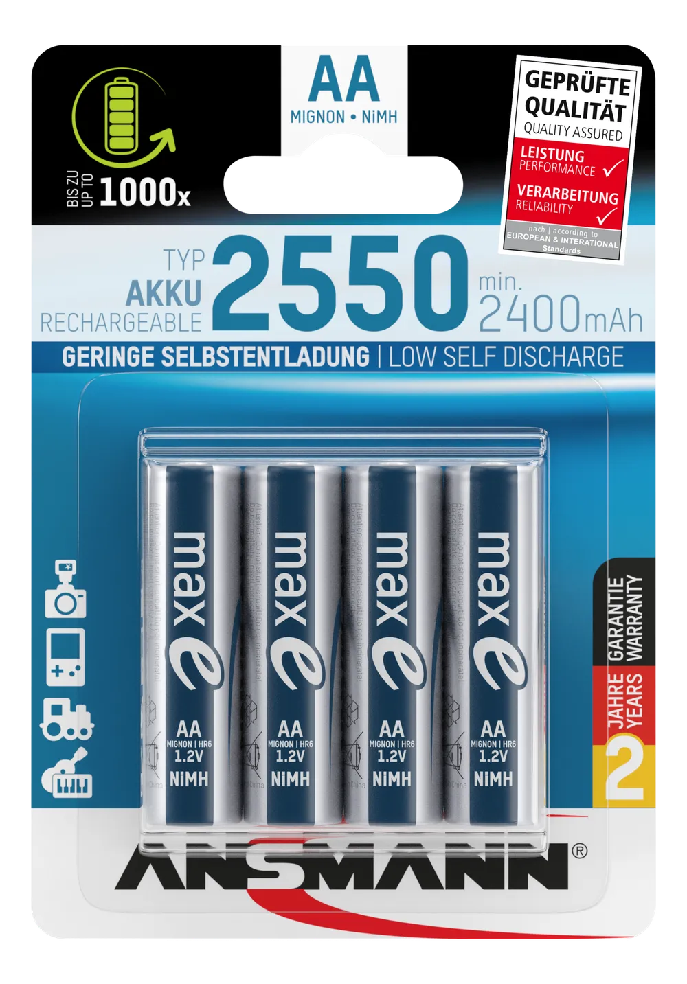 NiMH Akku Mignon AA Typ 2550 (min. 2400 mAh) maxE 4er Blister Akku