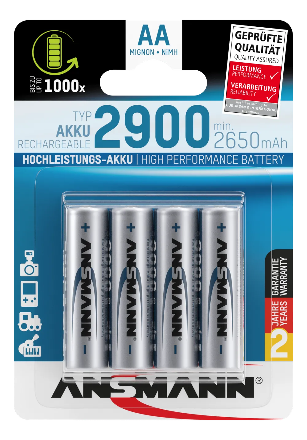 NiMH Akku Mignon AA Typ 2900 (min. 2650 mAh) 4er Blister Akku