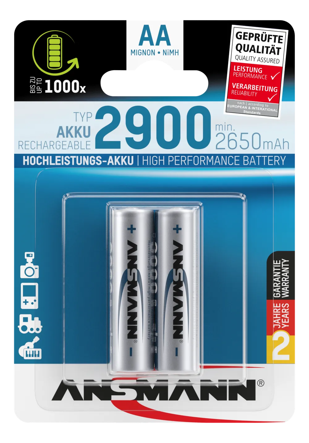 NiMH Akku Mignon AA Typ 2900 (min. 2650 mAh) 2er Blister Akku