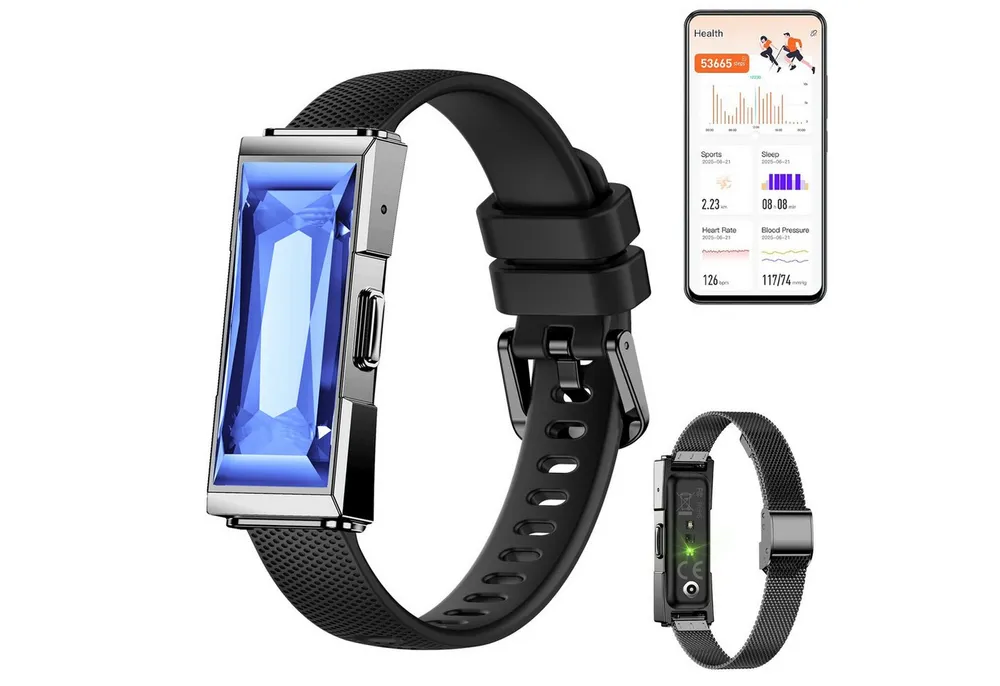 ANYSUN Fitness Tracker Uhr für Damen Herren,Smart Armband Smartwatch (47 cm) Smart-Armband,Schrittzähler/Blutsauerstoff/HRV/Schlaf-Tracker, Modisches Edelstein-Armband mit Nachrichten-/Anruferinnerung