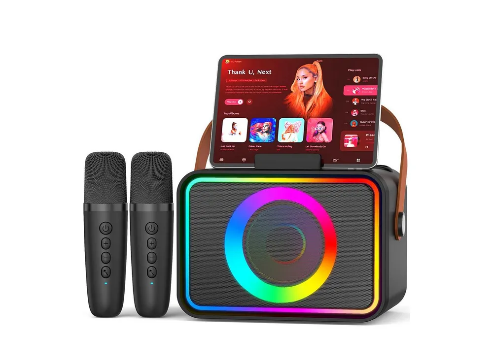 ANYSUN Karaoke Maschine mit 2 Karaoke Mikrofonen, Tragbare Karaoke Box Bluetooth-Lautsprecher (Party-Lautsprecher, Karaoke-All-in-One-Maschine, mit Lichteffekten)