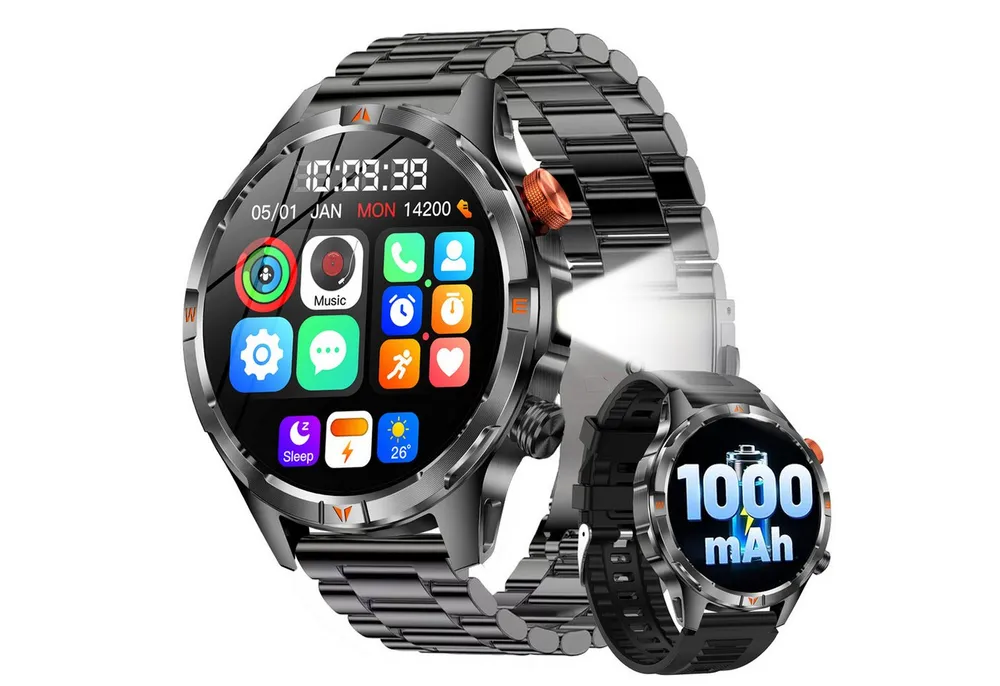 ANYSUN Militär Smartwatch Herren, Outdooruhr mit 1000mAh Smartwatch (1,7 Zoll) LED Taschenlampen, Bluetooth-Anrufe,Kompass,Puls-SpO2-Schlaf-Monitor, 100+ Sportmodi Fitness-Tracker,Schrittzähler IP68, für iOS Android