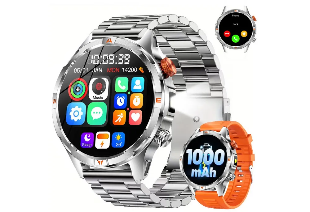 ANYSUN Militär Smartwatch Herren, Outdooruhr mit 1000mAh Smartwatch (1,7 Zoll) LED Taschenlampen, Bluetooth-Anrufe,Kompass,Puls-SpO2-Schlaf-Monitor, 100+ Sportmodi Fitness-Tracker,Schrittzähler IP68, für iOS Android